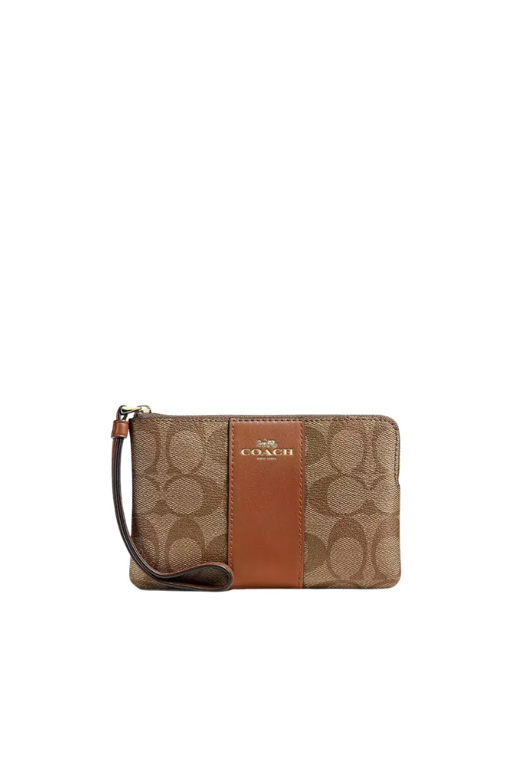 Coach Corner Zip Wristlet In Signature Canvas In Khaki Saddle CS602