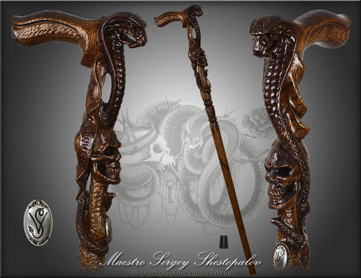 Cobra & Skull Encounter: Intricately Handcarved Artisan Cane