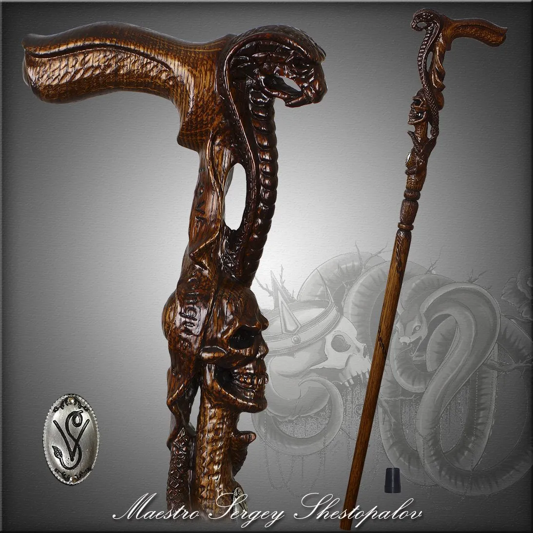 Cobra & Skull Encounter: Intricately Handcarved Artisan Cane