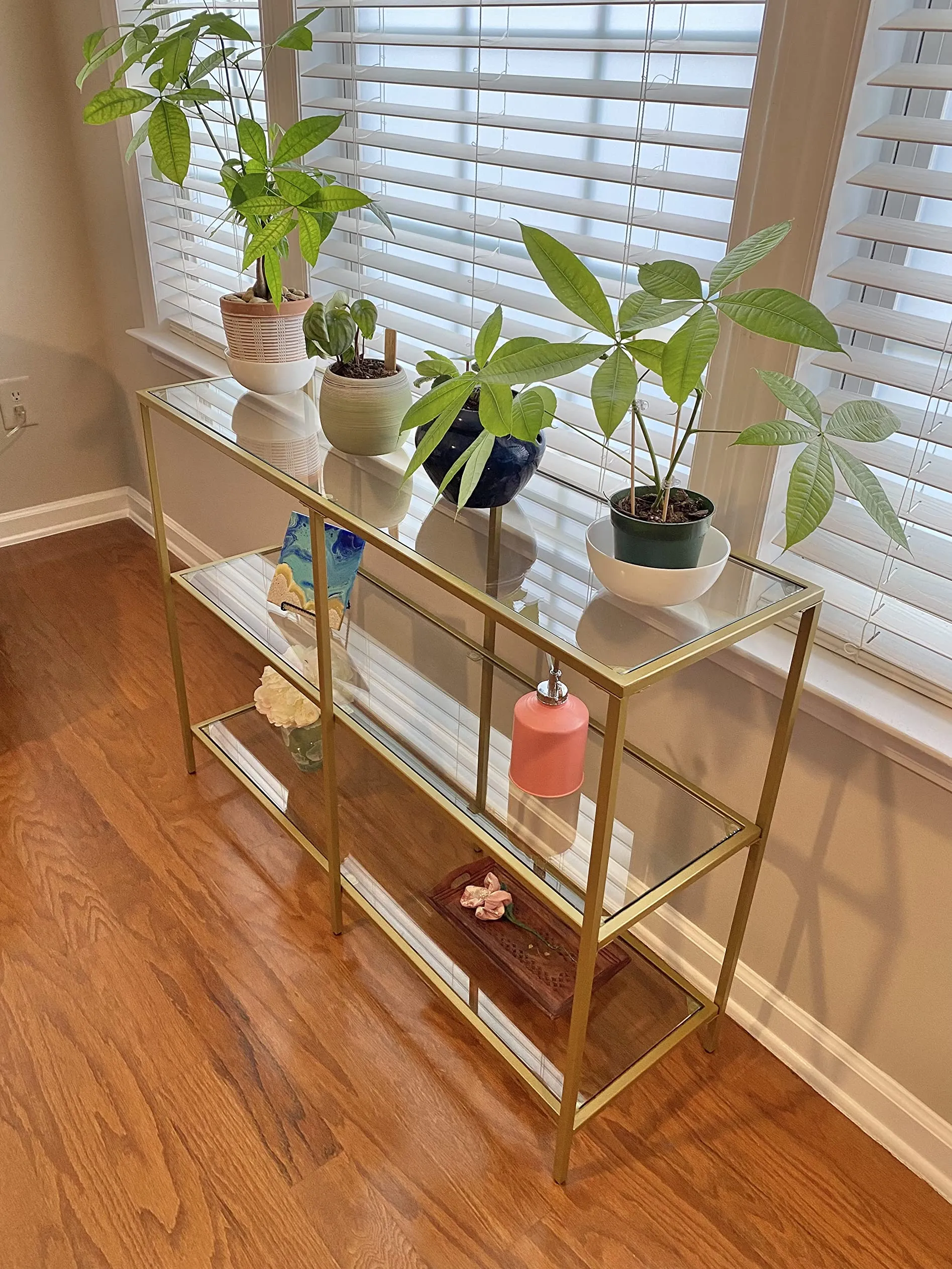 Console Sofa Table with 3 Shelves, 51.2 x 11.8 x 28.7 Inches, Metal Frame, Tempered Glass Shelf