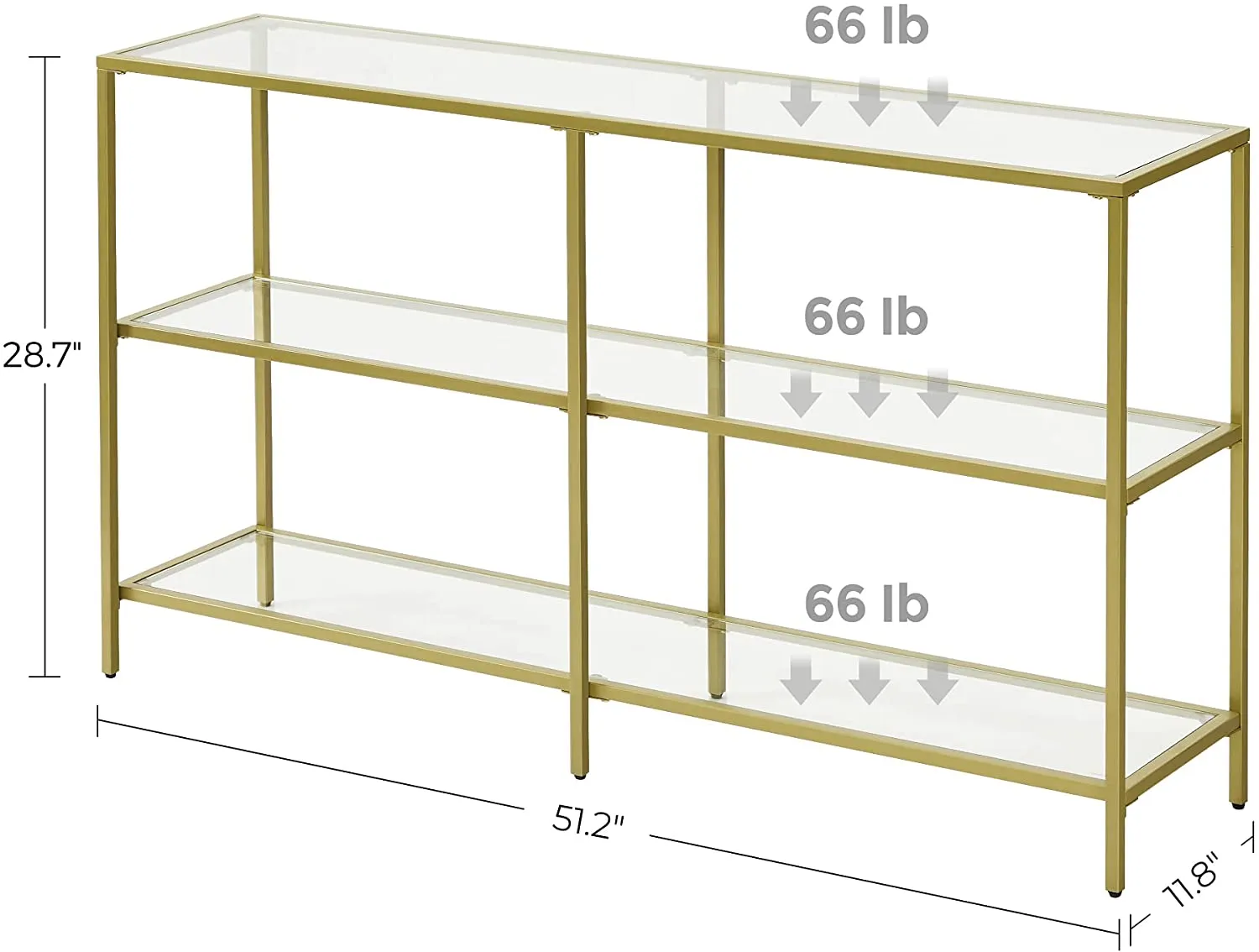 Console Sofa Table with 3 Shelves, 51.2 x 11.8 x 28.7 Inches, Metal Frame, Tempered Glass Shelf