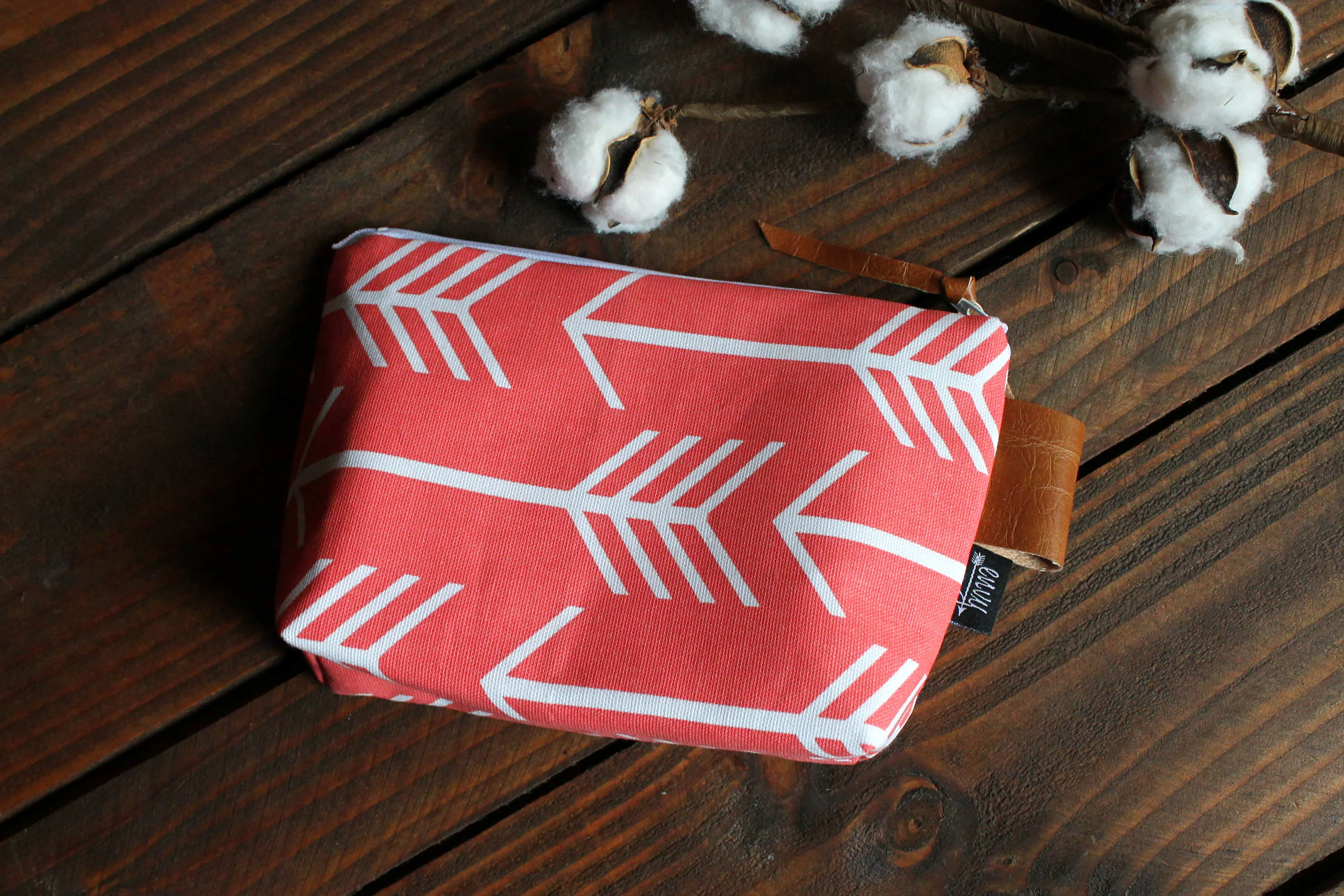 Coral Arrows with Vegan Leather - Cosmetic Bag - Make Up Bag - Bridesmaid Gift