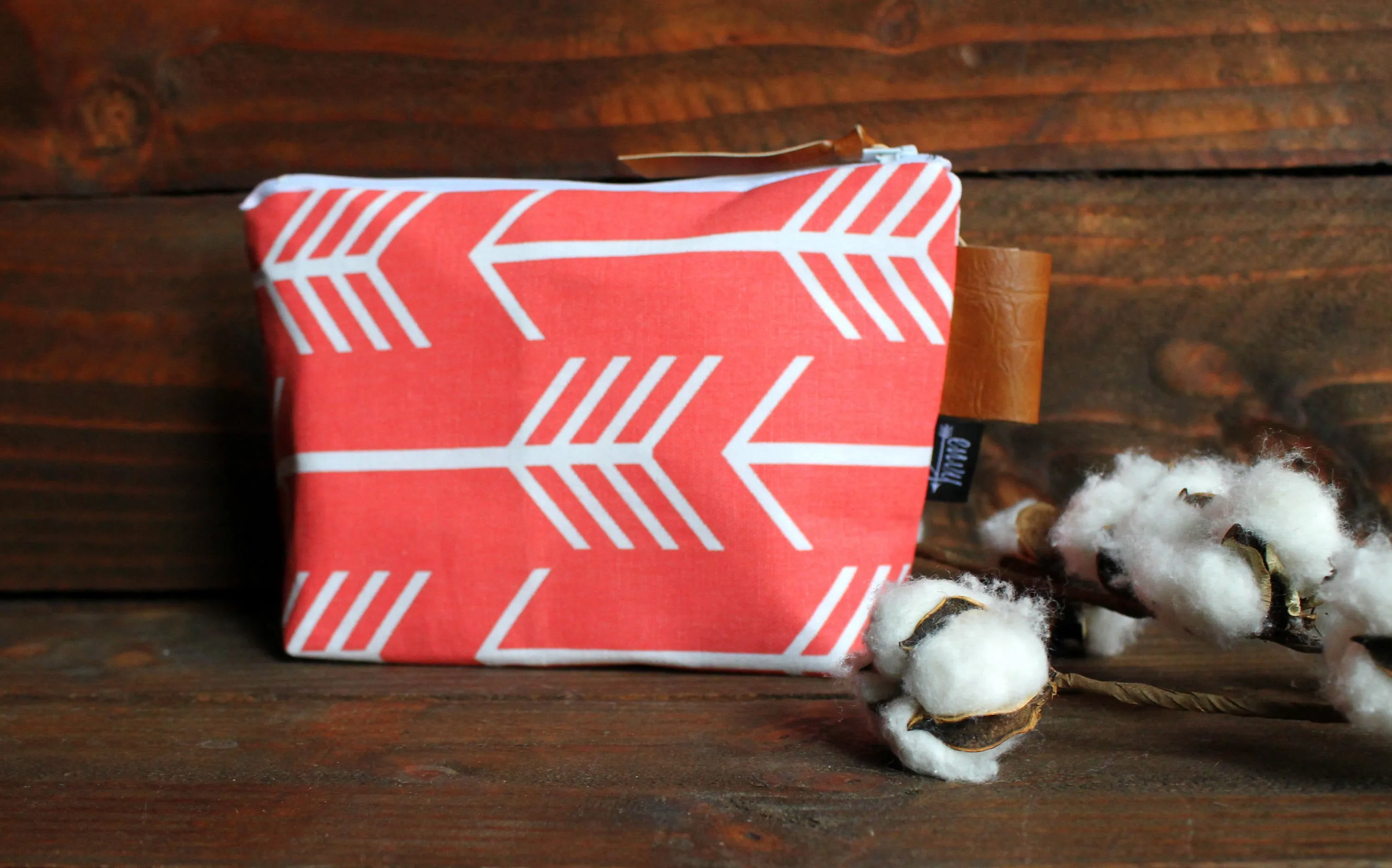 Coral Arrows with Vegan Leather - Cosmetic Bag - Make Up Bag - Bridesmaid Gift