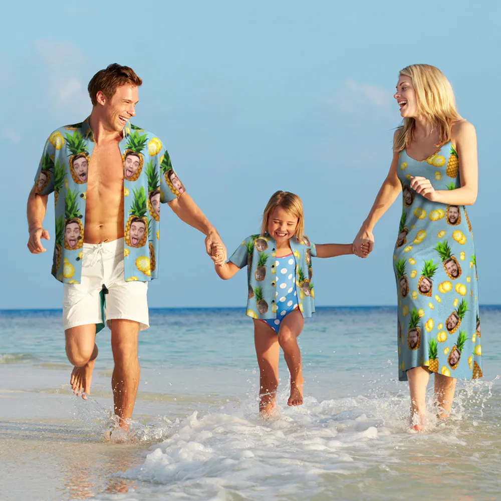 Custom Face Hawaiian Style Big Pineapple Long Dress And Shirt Family Matching