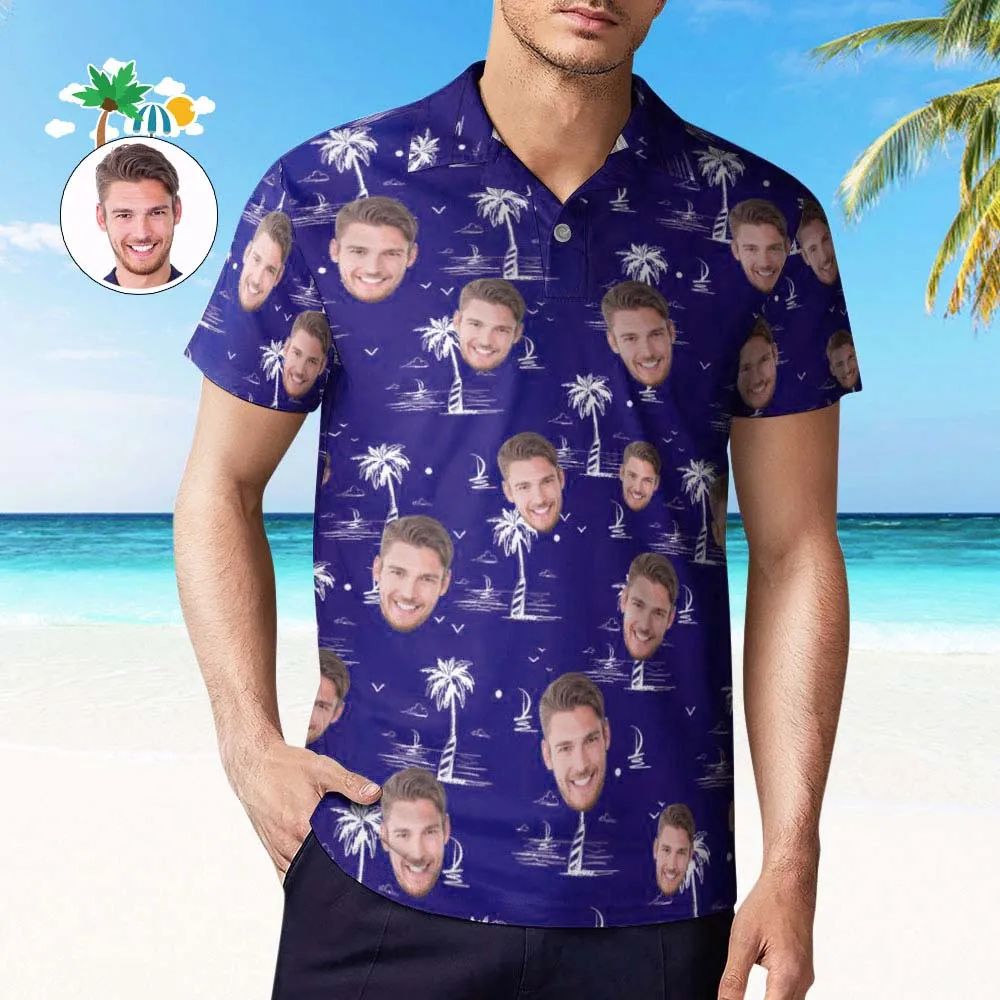 Custom Face Polo Shirt For Men Coconut Tree Island Personalised Hawaiian Golf Shirts