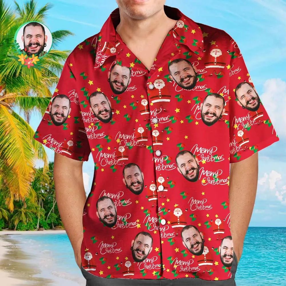 Custom Face Shirt Personalised Photo Men's Hawaiian Shirt Christmas Gift - Happy Santa