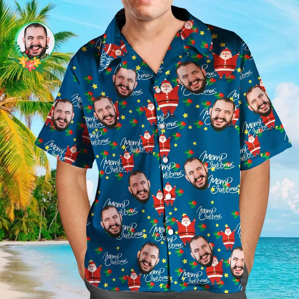 Custom Face Shirt Personalised Photo Men's Hawaiian Shirt Christmas Gift - Happy Santa