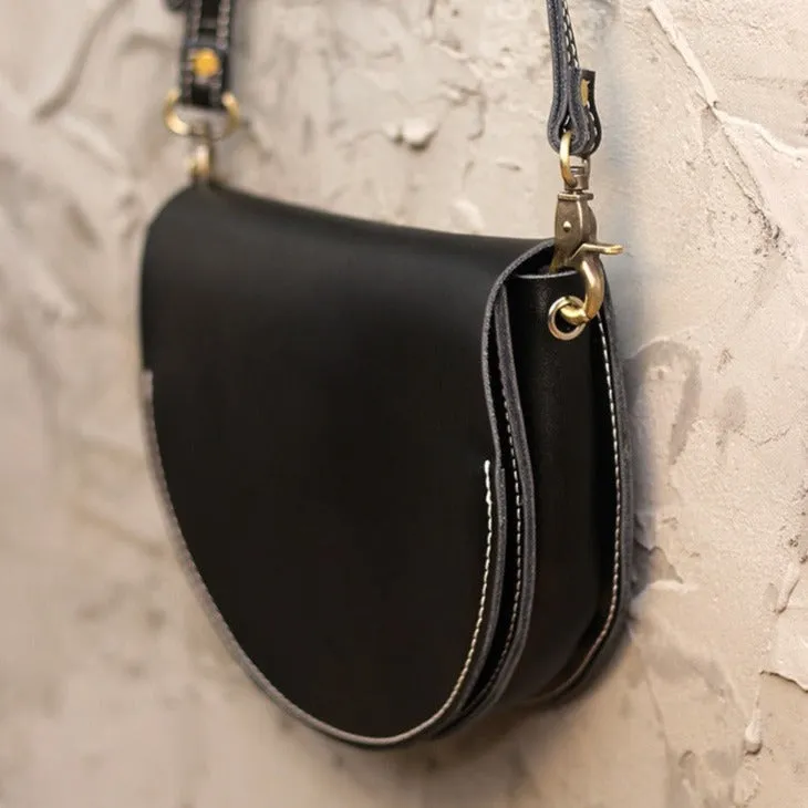 Cute Black LEATHER Saddle SHOULDER Bag WOMEN Small Saddle Crossbody Purse FOR WOMEN