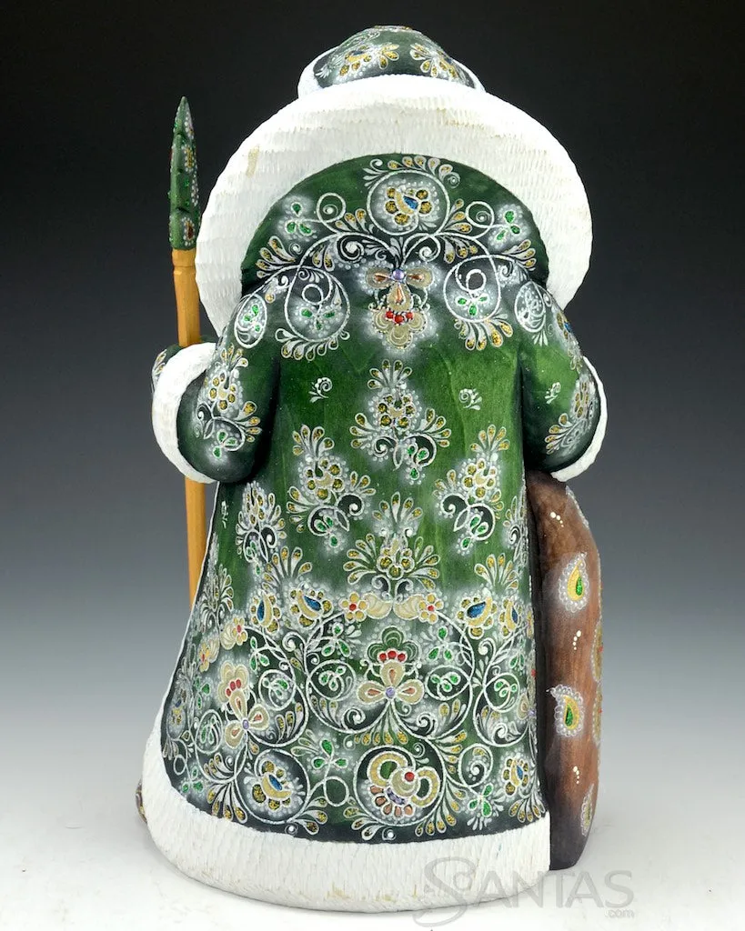 Decorative Green Russian Santa with Toybag and Staff