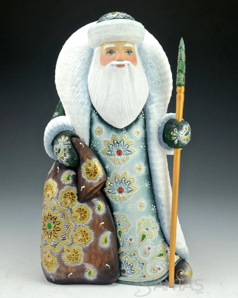 Decorative Green Russian Santa with Toybag and Staff