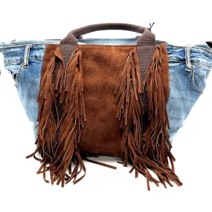 Denim Suede Fringe Crossbody Bag