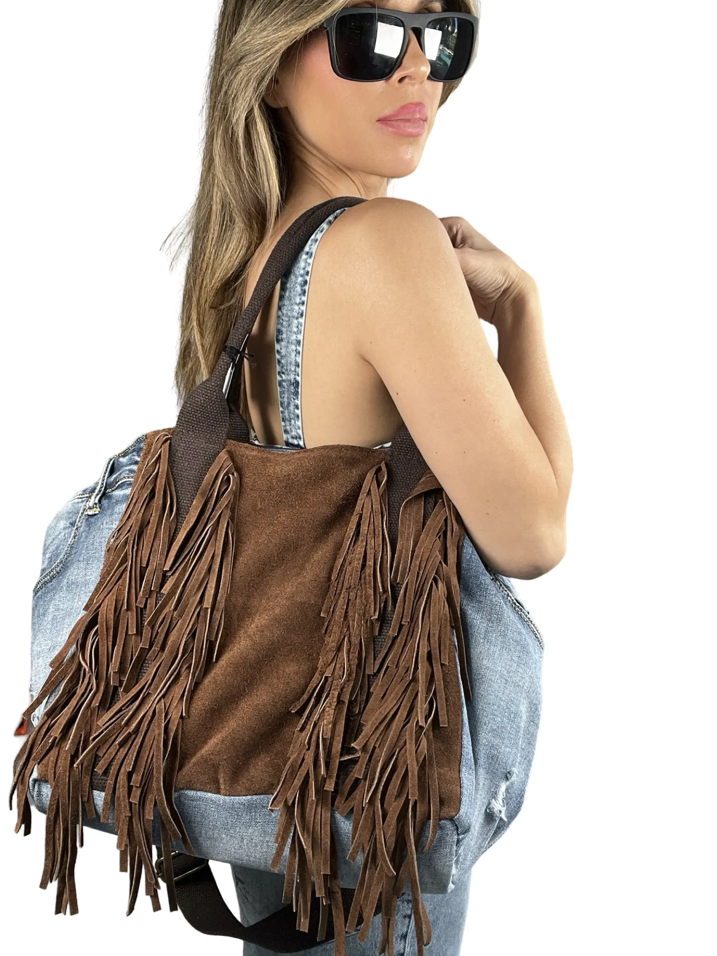 Denim Suede Fringe Crossbody Bag