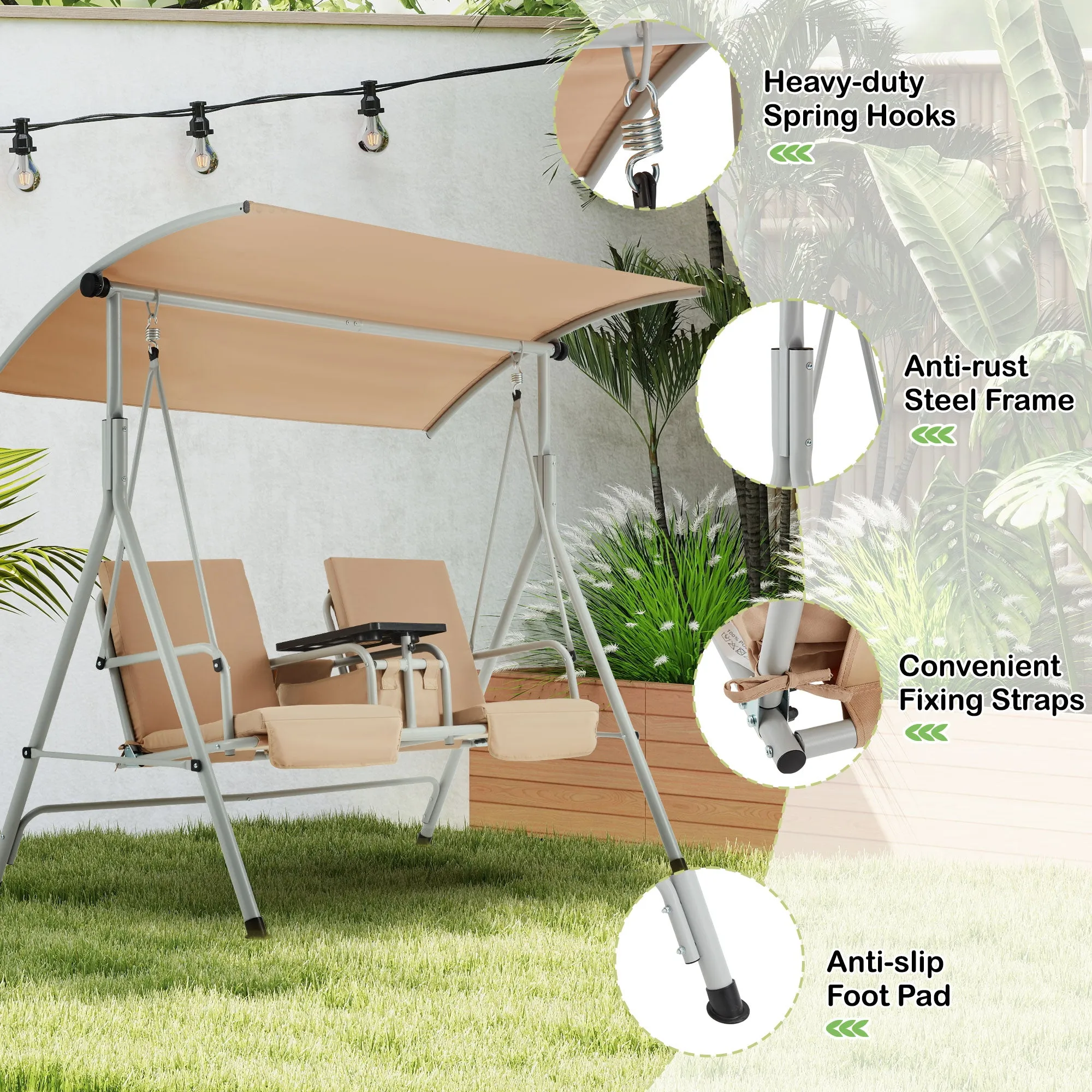 EROMMY 2 Person Porch Swing, Outdoor Swing with Pivot Storage Table, Cooler Bag, 2 Cup Holders, Removable Cushions, Patio Swing with Canopy for Backyard Balcony Poolside,Beige