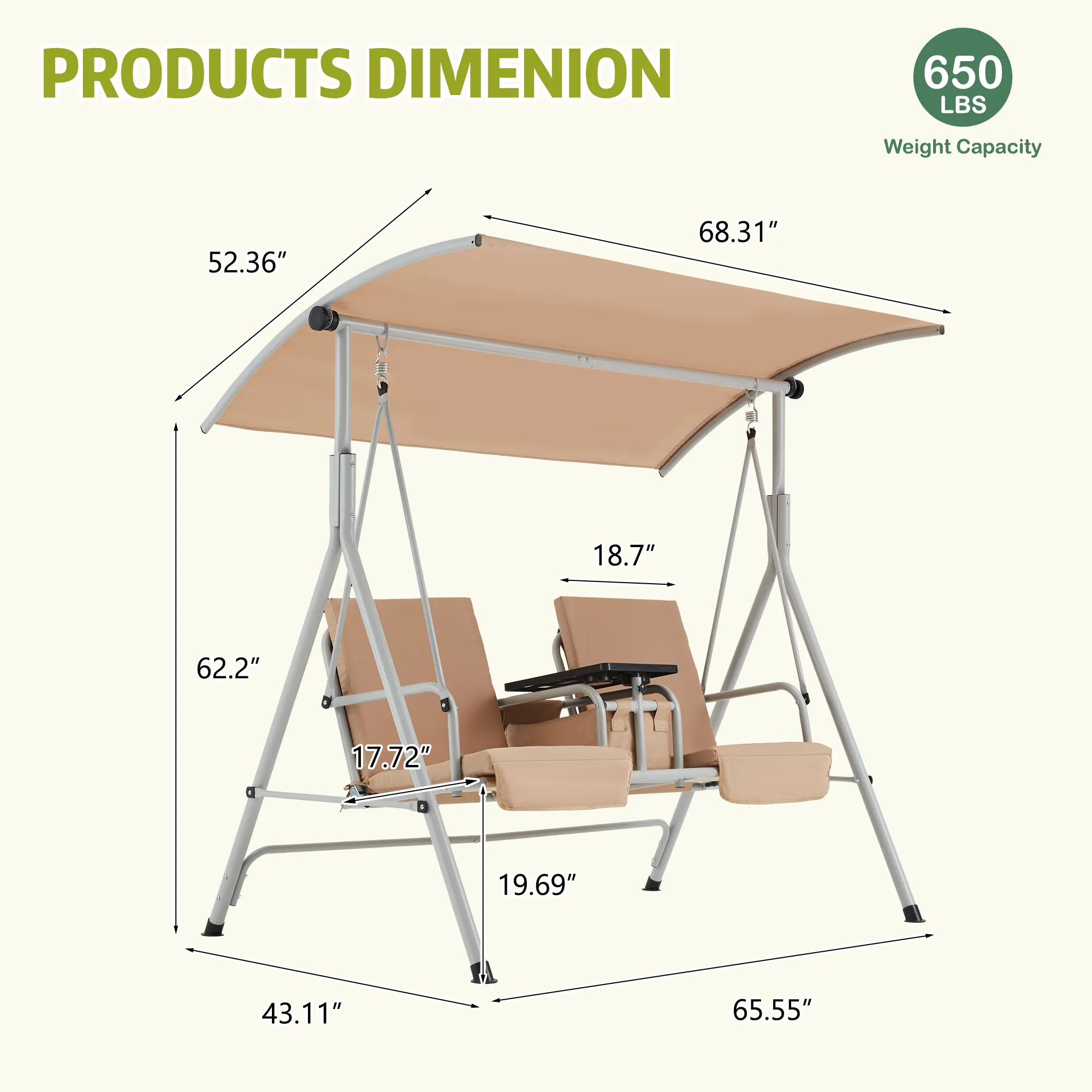 EROMMY 2 Person Porch Swing, Outdoor Swing with Pivot Storage Table, Cooler Bag, 2 Cup Holders, Removable Cushions, Patio Swing with Canopy for Backyard Balcony Poolside,Beige