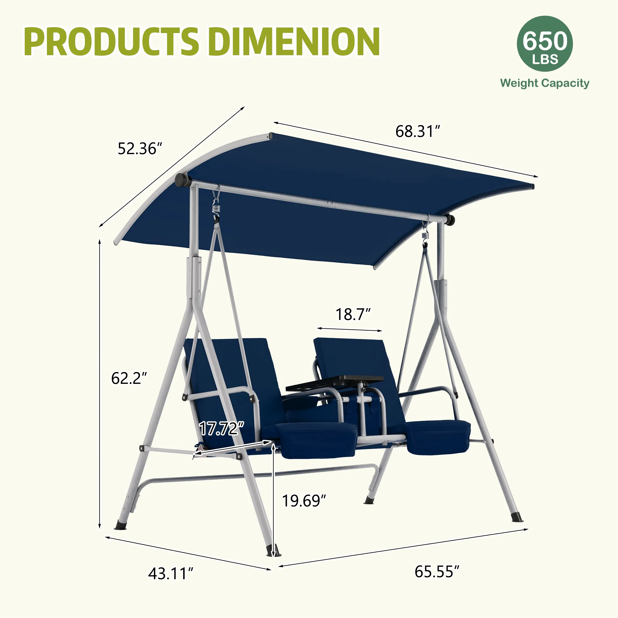 EROMMY 2 Person Porch Swing, Outdoor Swing with Pivot Storage Table, Cooler Bag, 2 Cup Holders, Removable Cushions, Patio Swing with Canopy for Backyard Balcony Poolside,Navy Blue