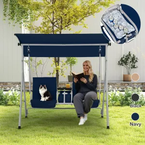 EROMMY 2 Person Porch Swing, Outdoor Swing with Pivot Storage Table, Cooler Bag, 2 Cup Holders, Removable Cushions, Patio Swing with Canopy for Backyard Balcony Poolside,Navy Blue