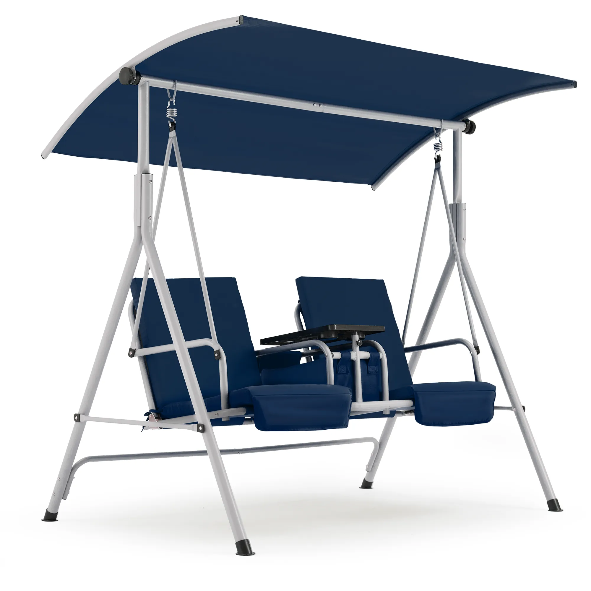 EROMMY 2 Person Porch Swing, Outdoor Swing with Pivot Storage Table, Cooler Bag, 2 Cup Holders, Removable Cushions, Patio Swing with Canopy for Backyard Balcony Poolside,Navy Blue