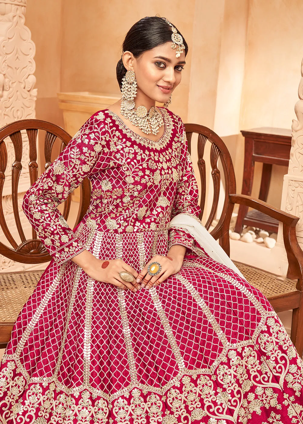 Fascinating Hot Pink & Gold Embroidered Silk Anarkali Suit