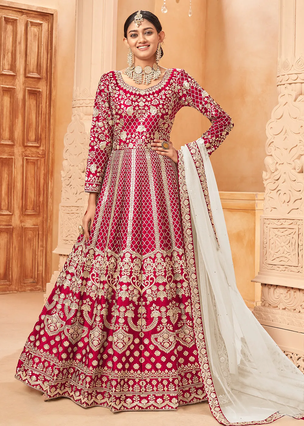 Fascinating Hot Pink & Gold Embroidered Silk Anarkali Suit