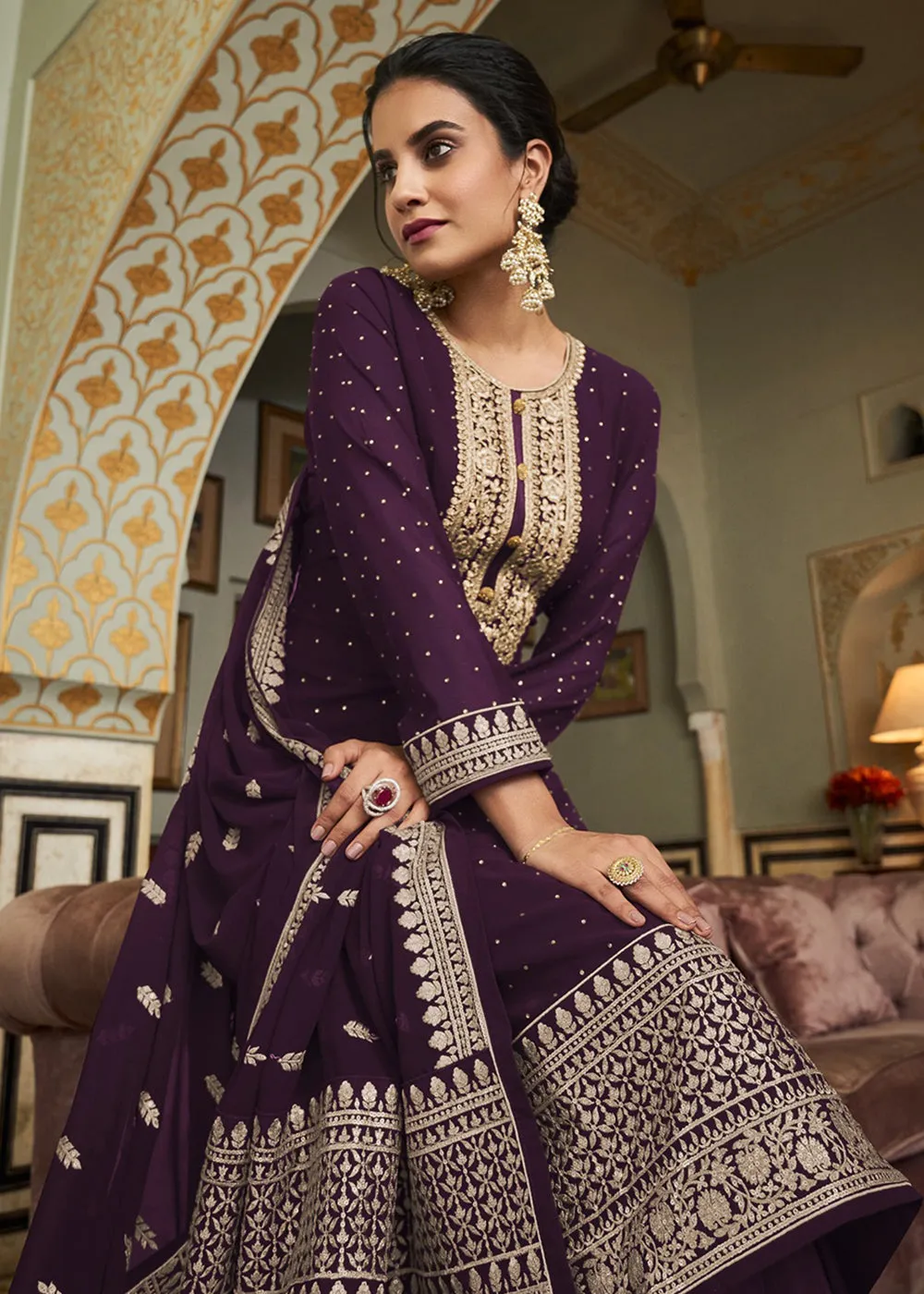 Fascinating Purple Diamond Swarovski Work Palazzo Salwar Suit