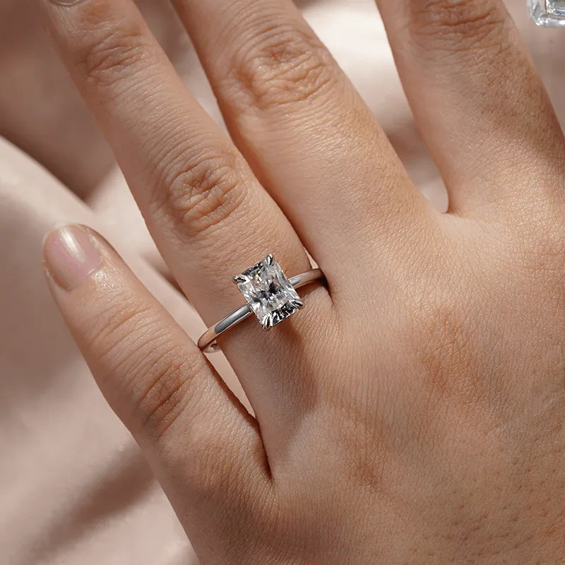 Four-Prong Radiant Solitaire Moissanite Engagement Ring With Hidden Halo