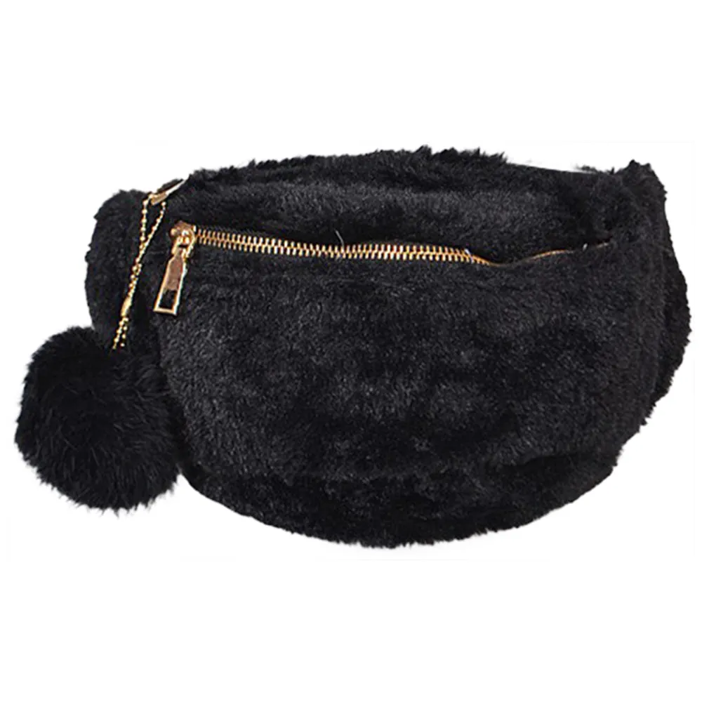 FUR FANNY PACK WITH POMPOM KEY CHAIN