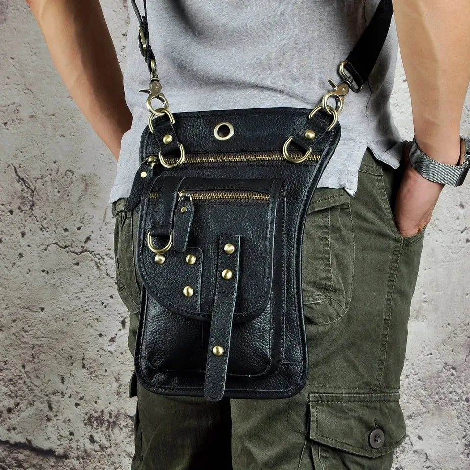 Genuine leather Men's punk Fanny pack Cow Boy Hip Bag