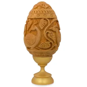 Hand Carved Peacocks Wooden Easter Egg 3 Inches