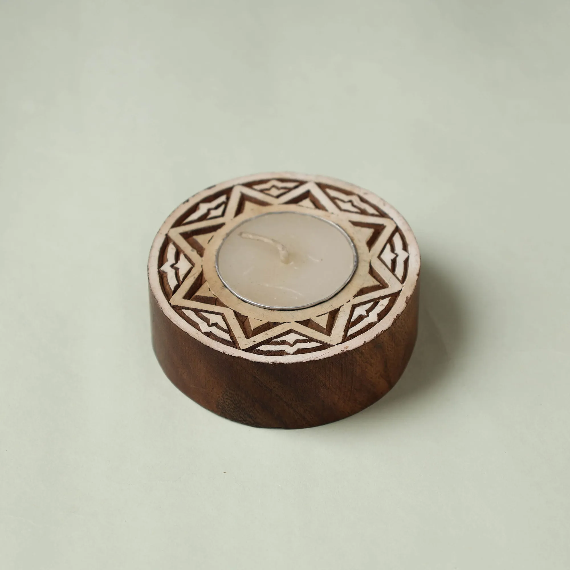 Hand Carved Sheesham Wood Block Tealight Candle Holder 88