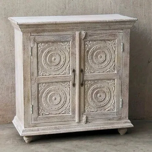 Hand Carved White Color Cabinet | Two Door Small Sideboard