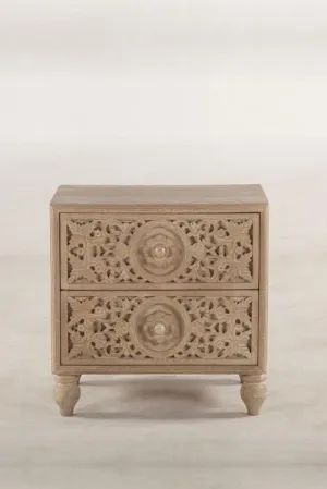 Hand Carved Wooden Nightstand with Two Drawers | Natural Color Bedside table