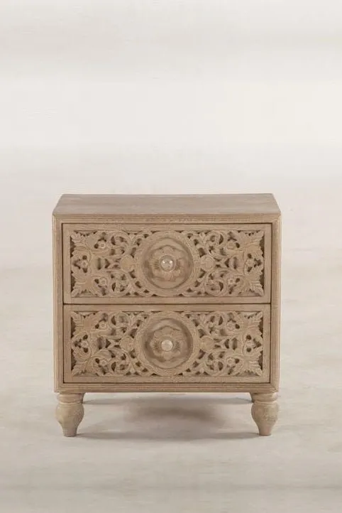 Hand Carved Wooden Nightstand with Two Drawers | Natural Color Bedside table