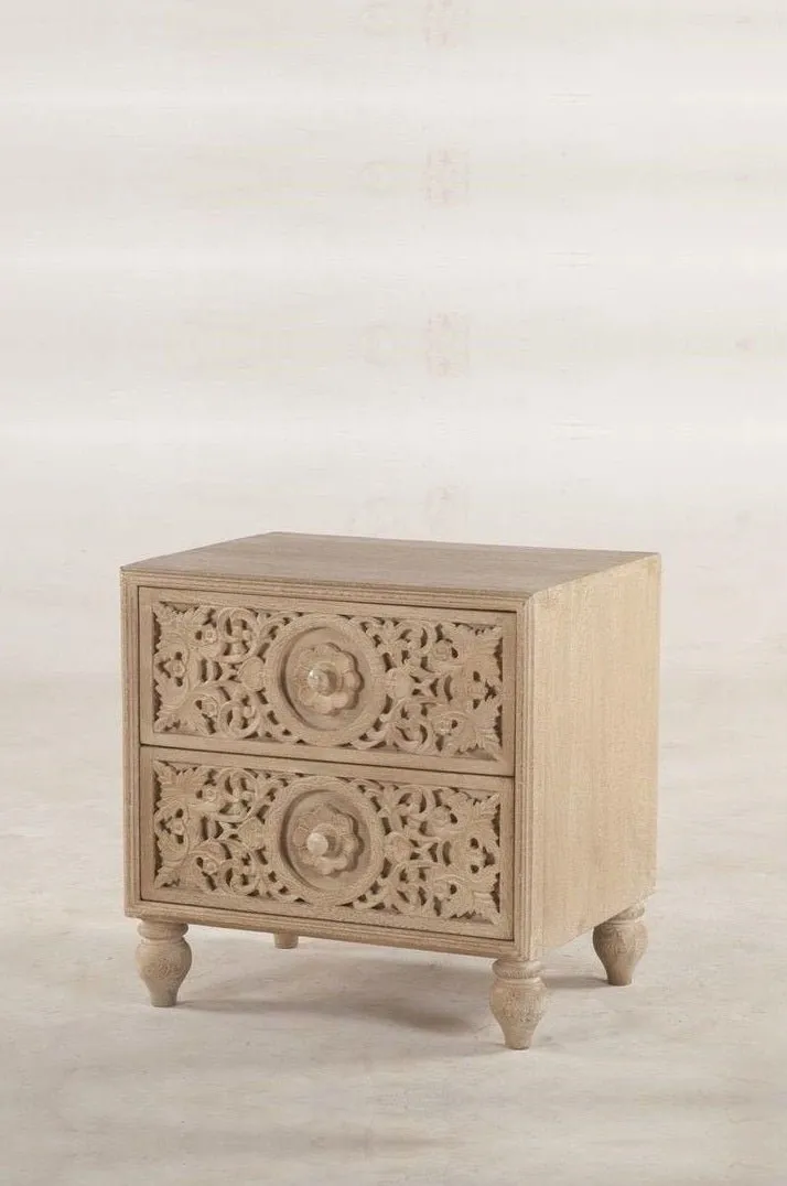 Hand Carved Wooden Nightstand with Two Drawers | Natural Color Bedside table