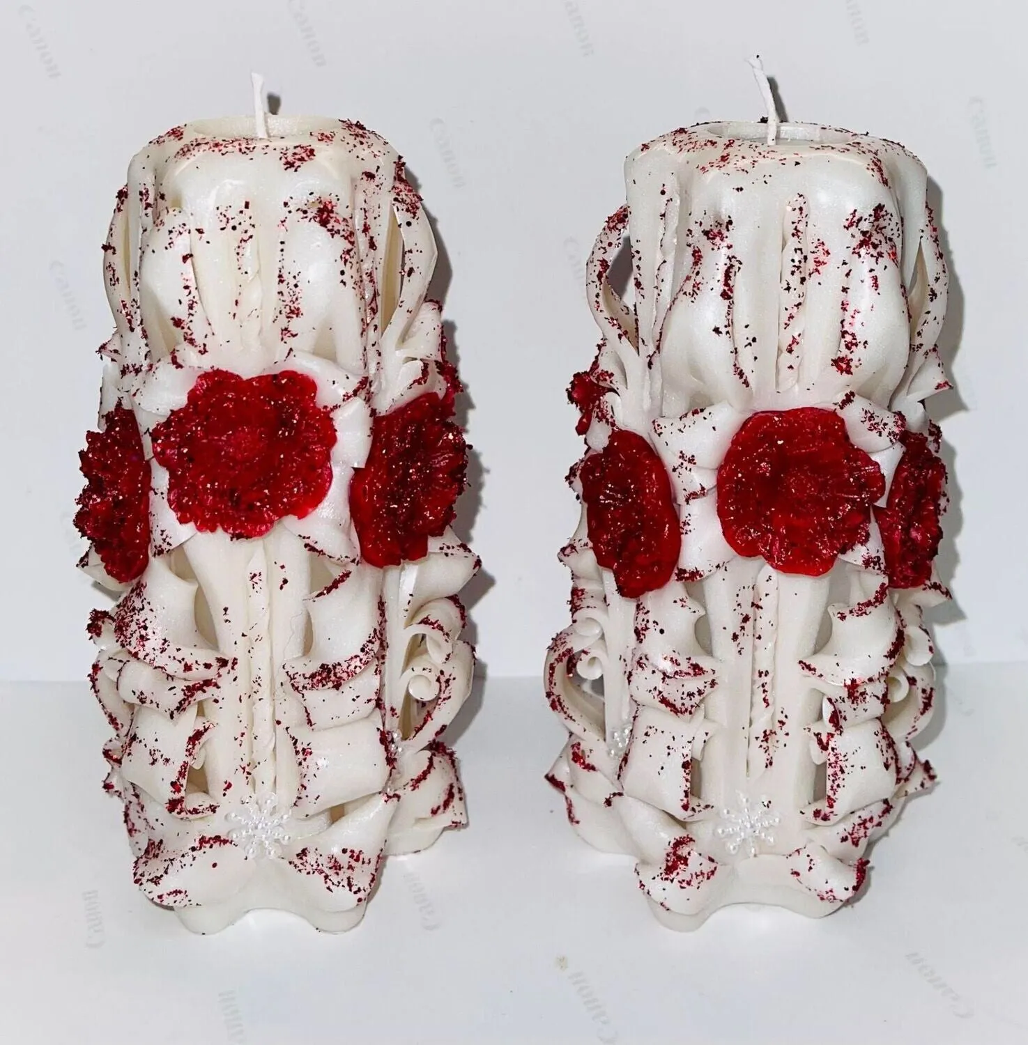 Handmade Carved Candles - Set of 2 Flowery Design