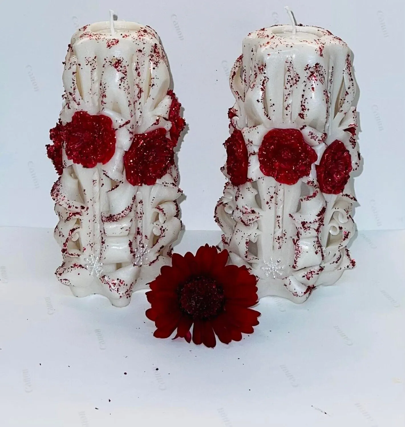 Handmade Carved Candles - Set of 2 Flowery Design