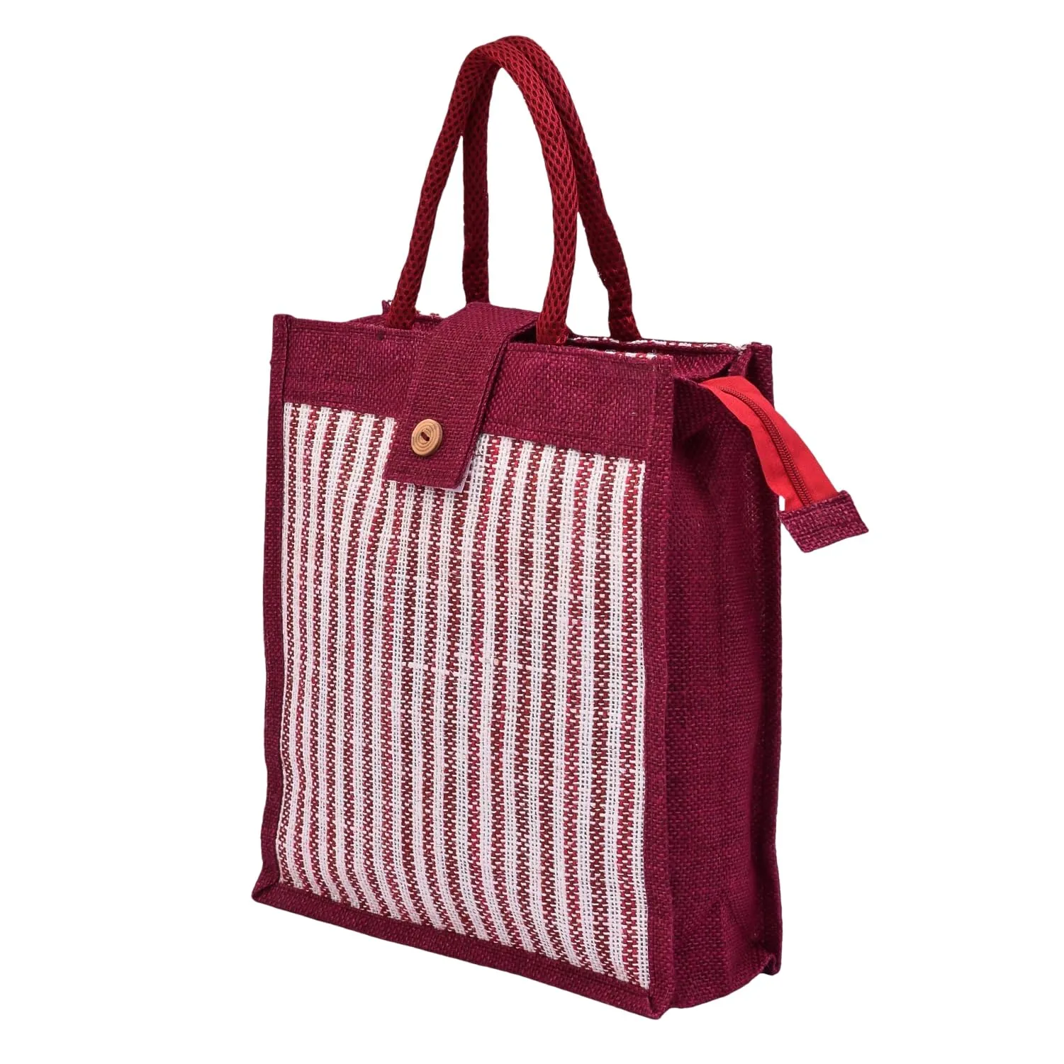 Heart Home Shopping Bag | Jute Carry Bag | Zipper Grocery Bag with Handle | Vegetable Bag with Top Flap | Reusable Shopping Bag | Lining-Grocery Bag | Medium | Maroon