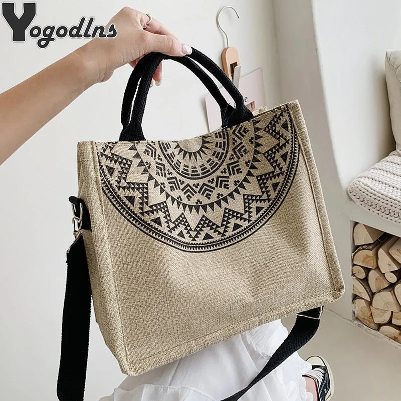 High Quality Women Linen Tote Bags Large Capacity Female Casual Shoulder Crossbody Bag Daily Handbag Purse Beach Shopping Bags