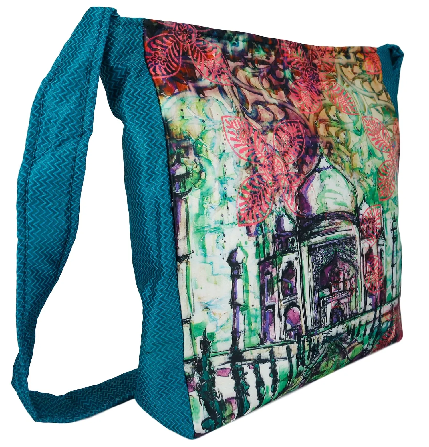 Indian Jhola Bag For Women Digital Print Cross Body Shoulder Bag Fashion Sling Bag Quilted Faux Silk,16x14x3 Inch,Taj Mahal