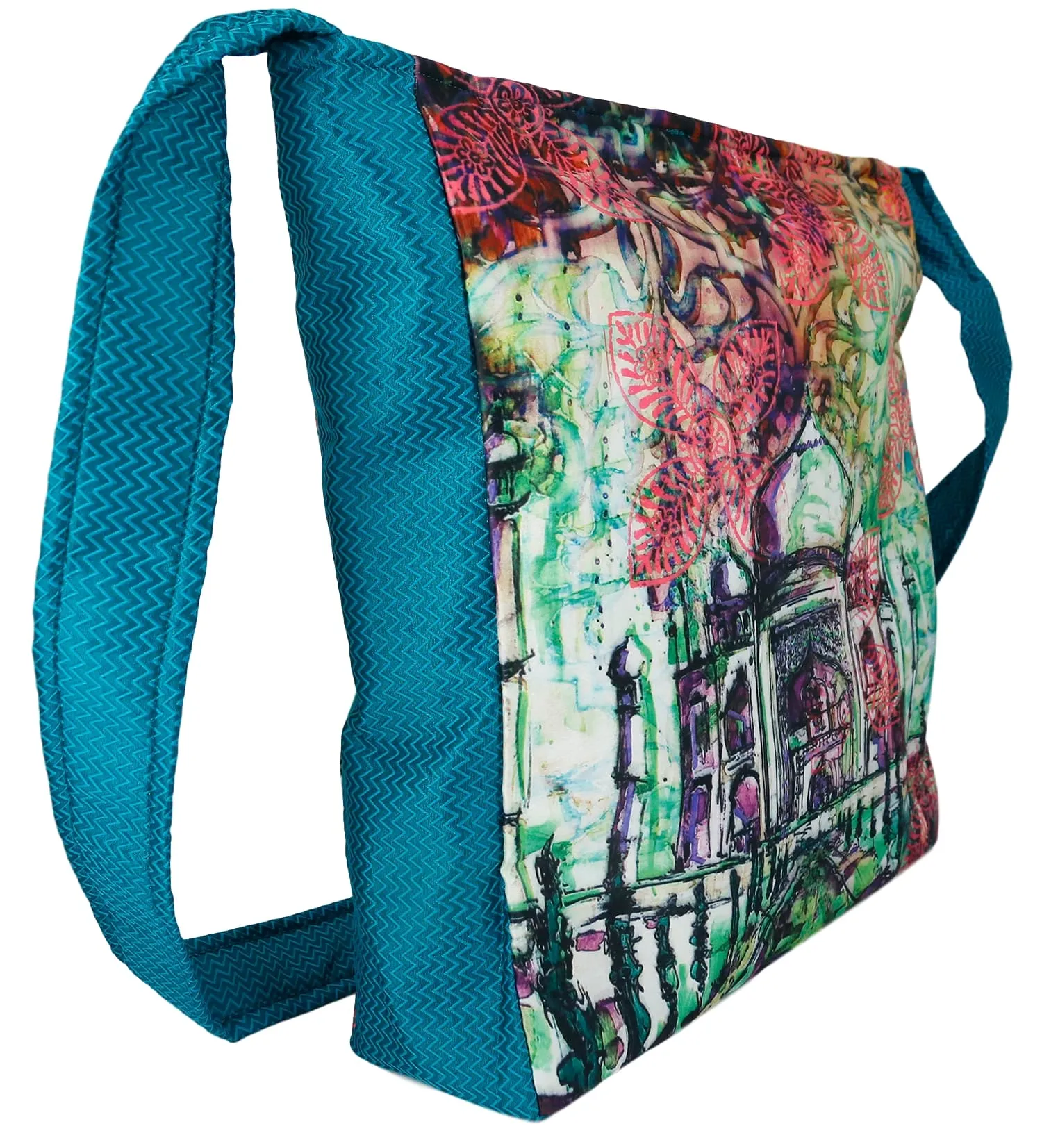 Indian Jhola Bag For Women Digital Print Cross Body Shoulder Bag Fashion Sling Bag Quilted Faux Silk,16x14x3 Inch,Taj Mahal