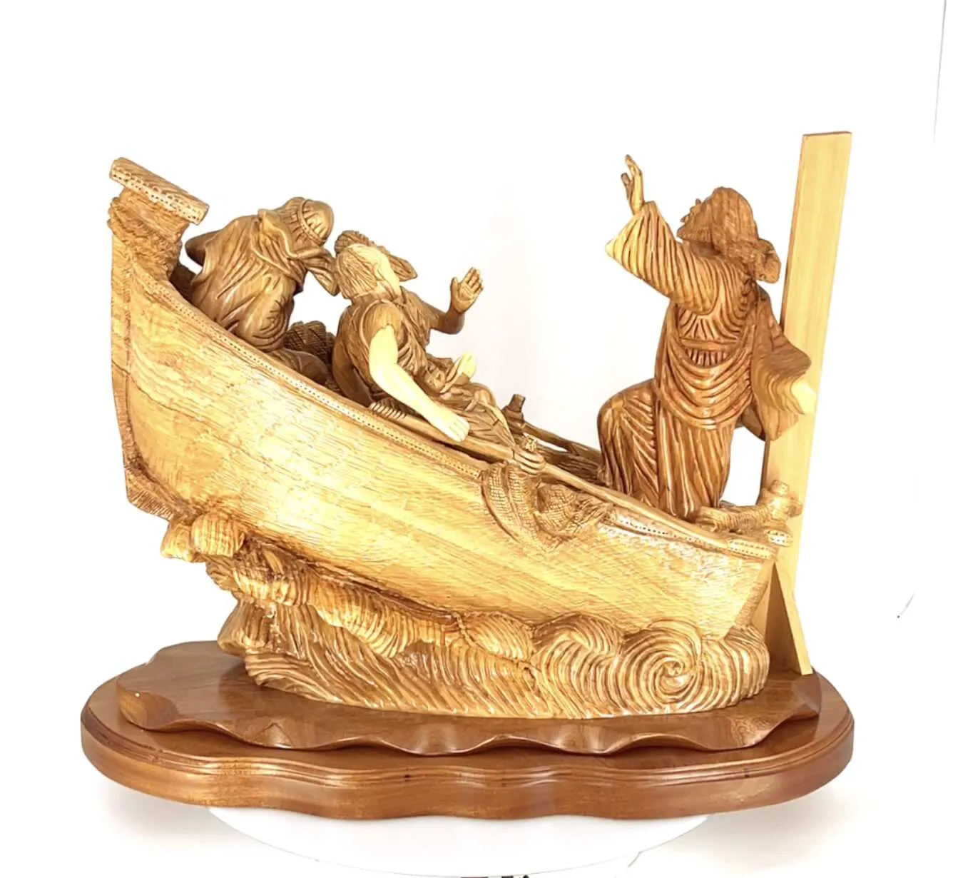 Jesus Christ "Calms The Storm" on Boat,  18.5" Tall, Very Large Masterpiece Wooden Carving