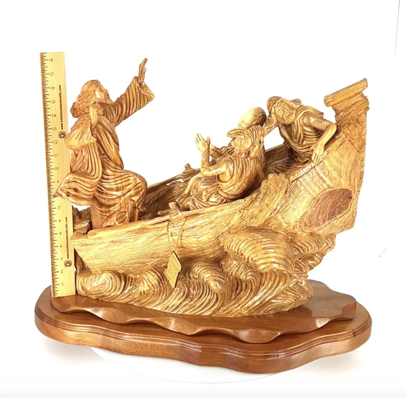 Jesus Christ "Calms The Storm" on Boat,  18.5" Tall, Very Large Masterpiece Wooden Carving