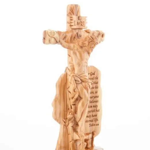 Jesus Christ "Crucified on Cross Masterpiece, 13.6" Engraved Scripture (John 3:16), Wood Sculpture