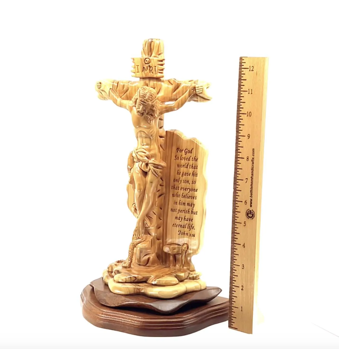 Jesus Christ "Crucified on Cross Masterpiece, 13.6" Engraved Scripture (John 3:16), Wood Sculpture