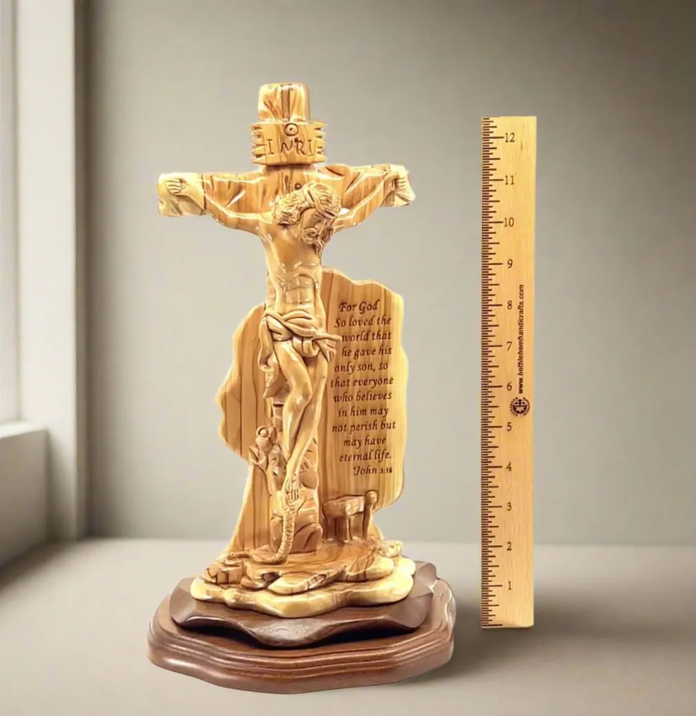 Jesus Christ "Crucified on Cross Masterpiece, 13.6" Engraved Scripture (John 3:16), Wood Sculpture