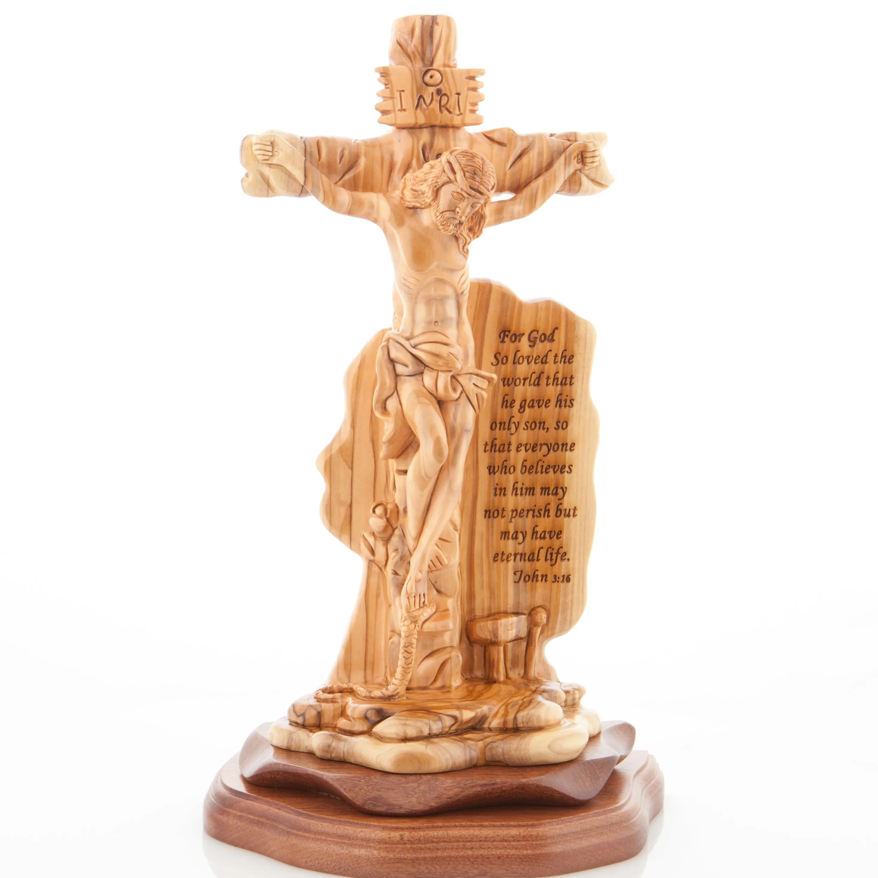 Jesus Christ "Crucified on Cross Masterpiece, 13.6" Engraved Scripture (John 3:16), Wood Sculpture