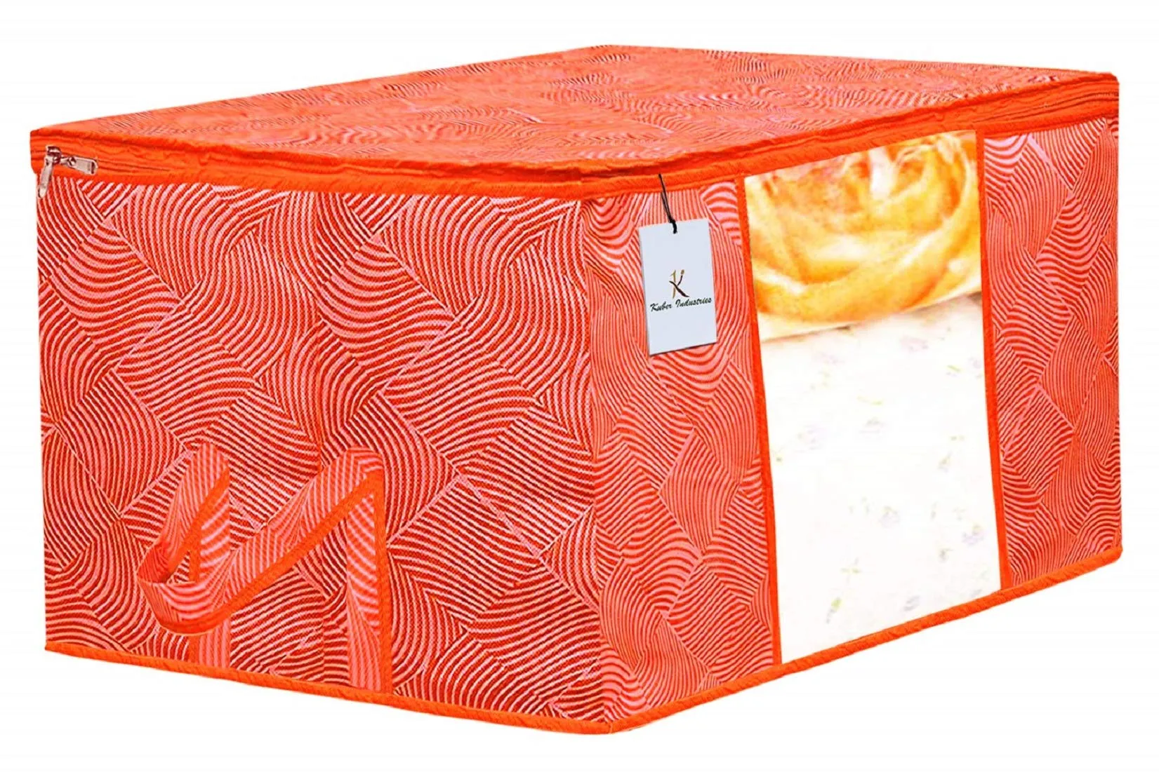 Kuber Industries Leheriya Printed 4 Piece Non Woven Fabric Underbed Storage Bag,Cloth Organiser,Blanket Cover with Transparent Window, Orange & Blue -CTKTC41086