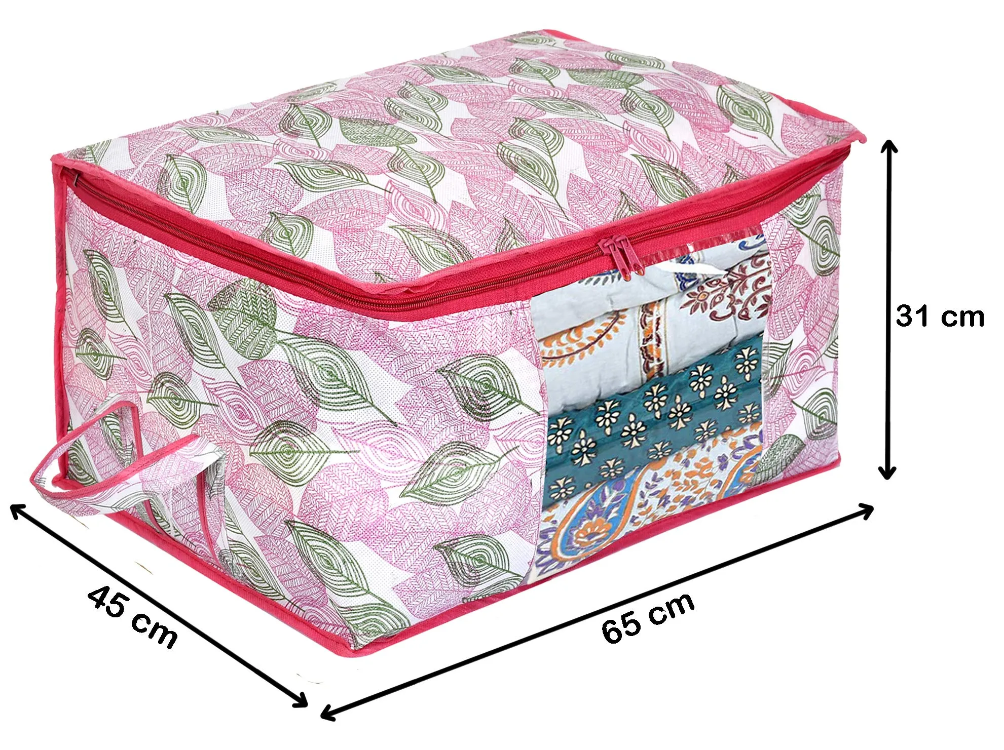 Kuber Industries Metalic Leafy Print 3 Piece Non Woven Saree Cover And 3 Pieces Underbed Storage Bag, Storage Organiser, Blanket Cover (Set of 6,Pink)-KUBMART16692