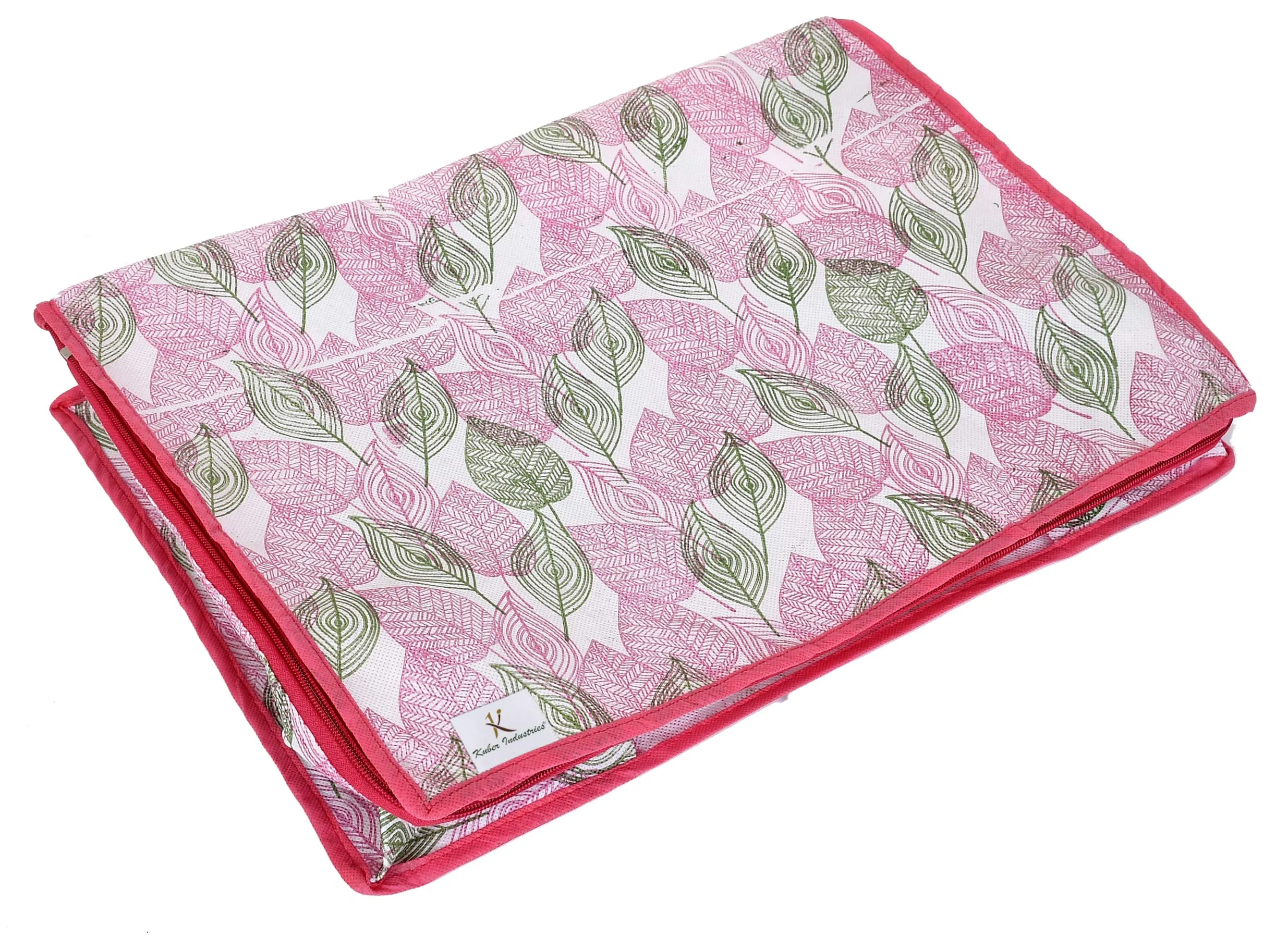 Kuber Industries Metalic Leafy Print 3 Piece Non Woven Saree Cover And 3 Pieces Underbed Storage Bag, Storage Organiser, Blanket Cover (Set of 6,Pink)-KUBMART16692