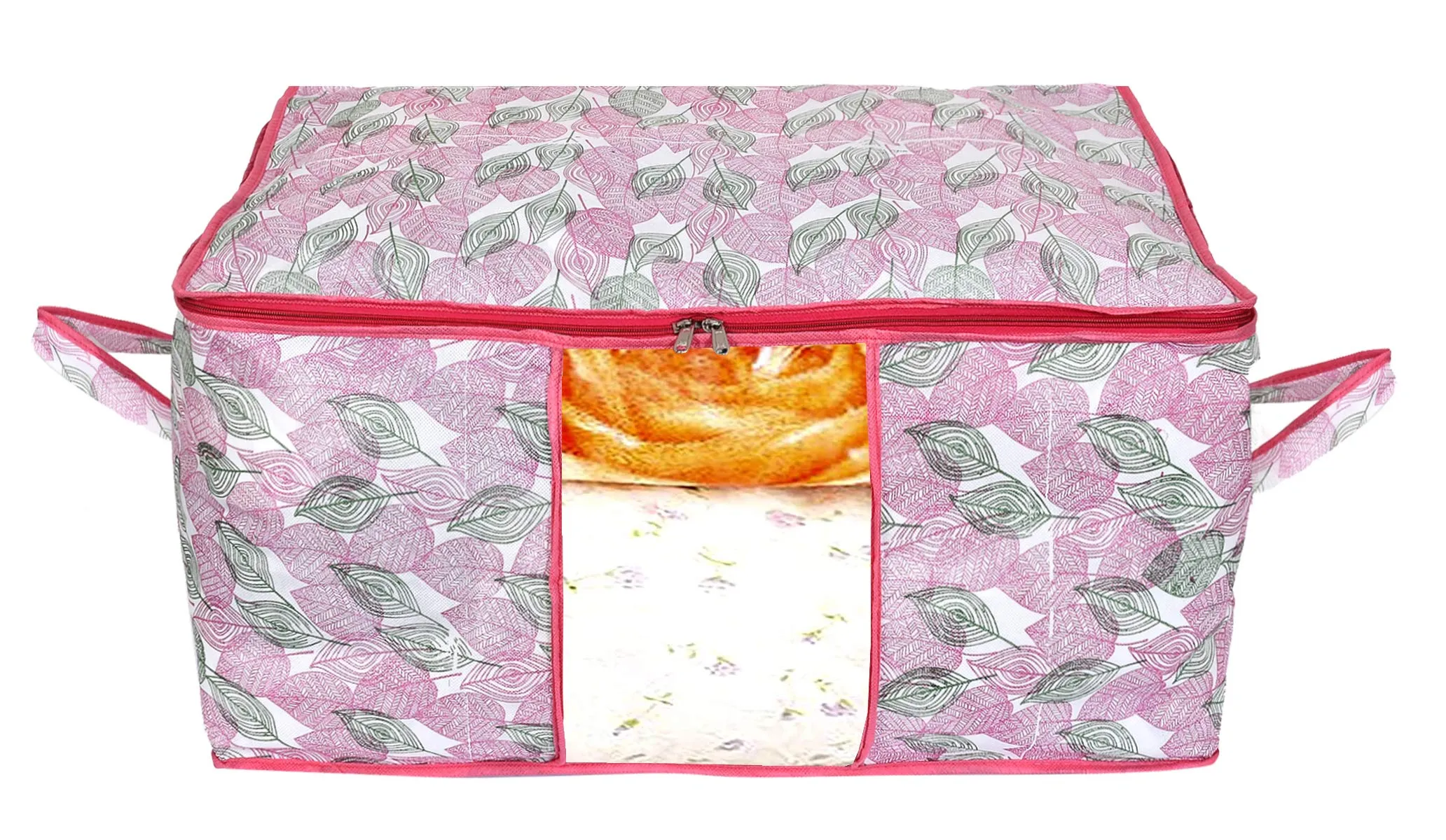 Kuber Industries Metalic Leafy Print 3 Piece Non Woven Saree Cover And 3 Pieces Underbed Storage Bag, Storage Organiser, Blanket Cover (Set of 6,Pink)-KUBMART16692