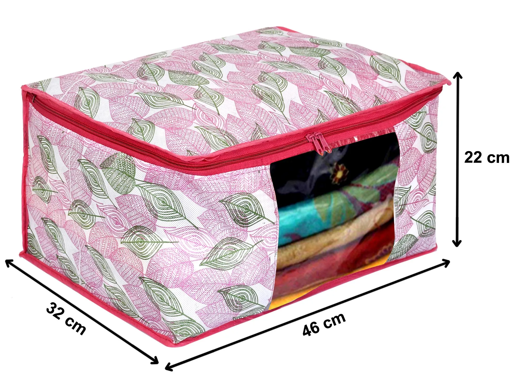 Kuber Industries Metalic Leafy Print 3 Piece Non Woven Saree Cover And 3 Pieces Underbed Storage Bag, Storage Organiser, Blanket Cover (Set of 6,Pink)-KUBMART16692